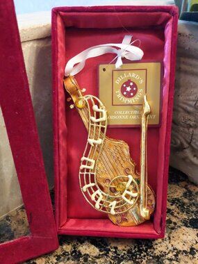 Dillard's Vintage Gold Tone Copper Violin Ornament w/ Decorative Velvet Box